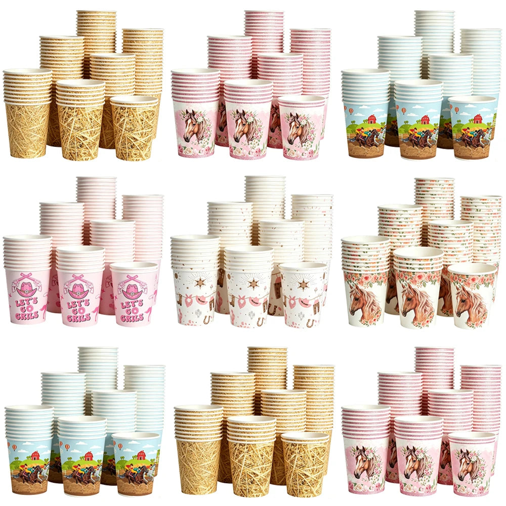 10/50pcs Western Cowboy Horse Paper Cups Disposable Tableware Drinking Cups Cowboy Cowgirl Horse Racing Birthday Party Decor