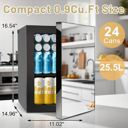 Compact 0.9 Cu.ft Mini Fridge with Mirror and 7-Temperature Control for Personal Use in Bedrooms, Dorms, and Offices