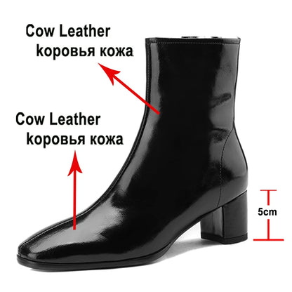 Meotina Women Genuine Leather Ankle Fur Wool Boots Round Toe Thick Mid Heel Zipper Ladies Fashion Short Boot Autumn Winter Shoes