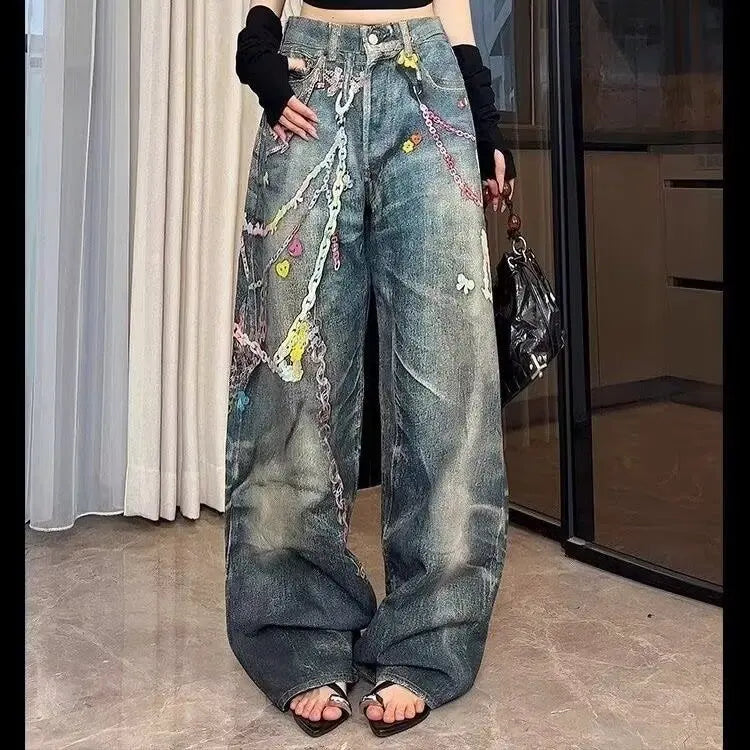 Y2K 3D Printed Jeans Girls Flower Chain American Style Versatile High Waisted Loose Straight Leg Floor Pants