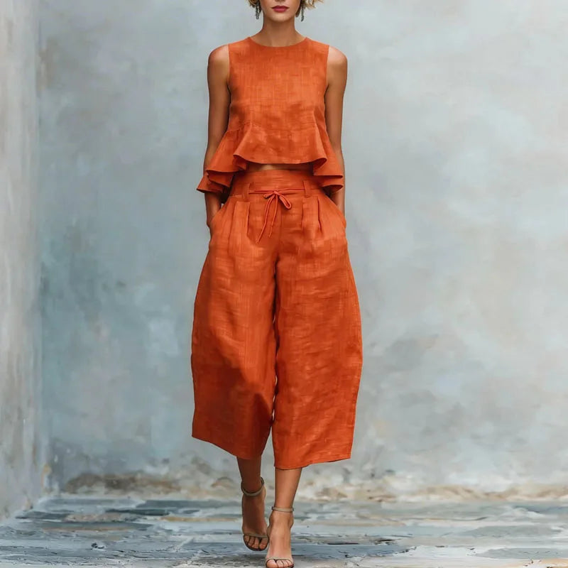 Spring Summer Vacation Outfits Woman 2026 Elegant O Neck Sleeveless Tank Top And Wide Leg Trousers Suit Casual Ruffle Loose Sets