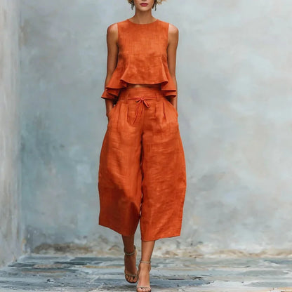 Spring Summer Vacation Outfits Woman 2026 Elegant O Neck Sleeveless Tank Top And Wide Leg Trousers Suit Casual Ruffle Loose Sets