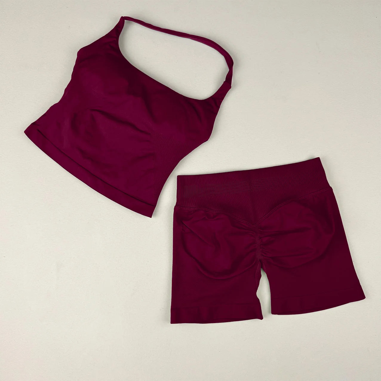 VEQKING Seamless 2pcs Women Yoga Sets Open Back Longline Sports Halter Bras Running Tank Tops Scrunch Butt Gym Workourt Shorts