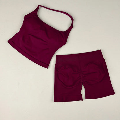 VEQKING Seamless 2pcs Women Yoga Sets Open Back Longline Sports Halter Bras Running Tank Tops Scrunch Butt Gym Workourt Shorts