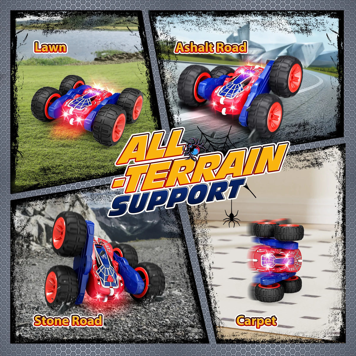Remote Control Car with Lights, Type-C Fast Charging, 2.4GHz Double Sided Flips RC Cars, 360° Rotates RC Stunt Car Toys for Kids
