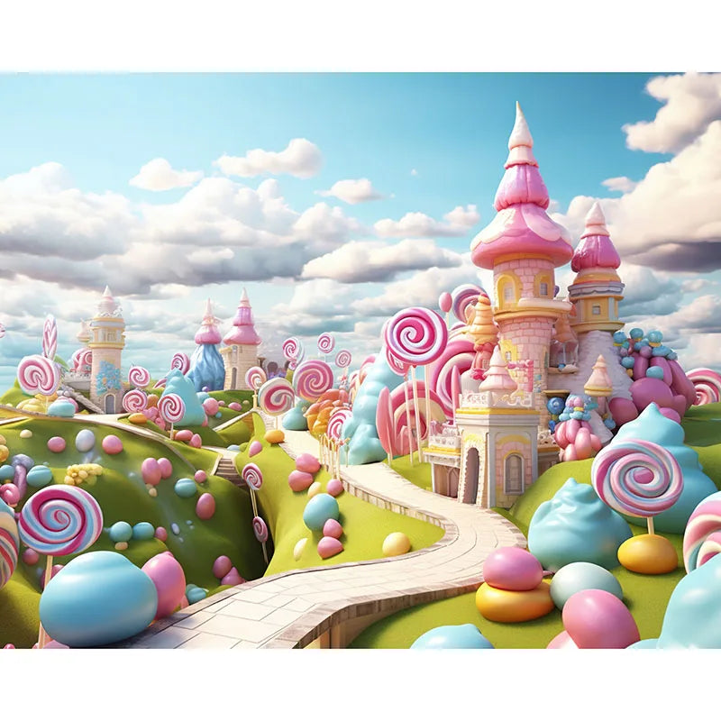Candyland Backdrop Fantasy Candy Theme Castle Lollipop Party Banner for Girls Birthday Decor Photography Background Photo Booth