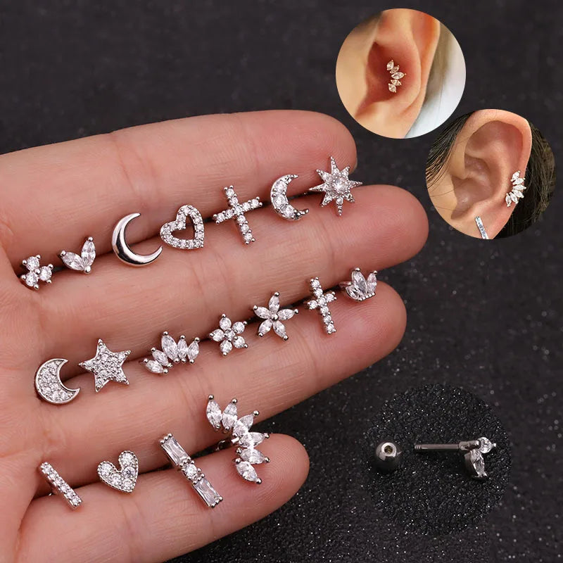 1PC Korean Stainless Steel Mini Zircon Cartilage Ear Stud Earrings For Women Moon Cross Flowers Helix Tragus Piercing Jewelry