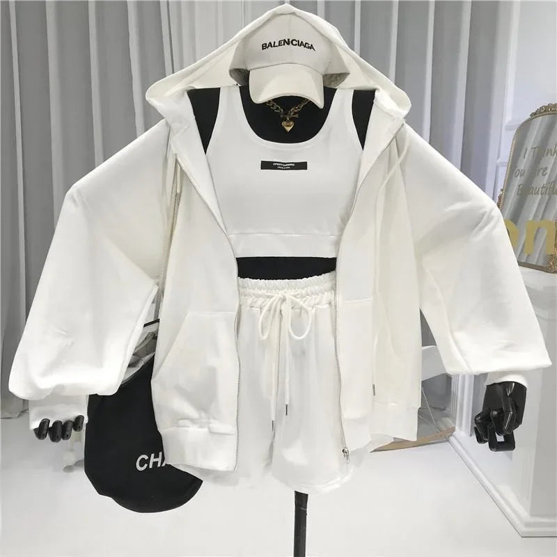 Women's Fashionable Casual Sports Windsuit Spring Autumn Collection Age-Reducing Gym Running Sweatshirt Shorts Three-Piece Set