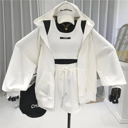 Women's Fashionable Casual Sports Windsuit Spring Autumn Collection Age-Reducing Gym Running Sweatshirt Shorts Three-Piece Set