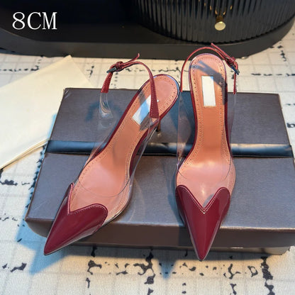 Women's Heart Clear Heeled Sandals Pointed Toe Transparent Slingback Heels Buckle Strap Patent Leather Party Prom Dress Shoes