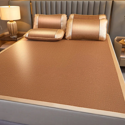 Summer Cool Rattan Mat Sets Natural Plant Fiber Ice Mats with Pillowcase Foldable Non-Slip Breathable Cooling Mattress Cover