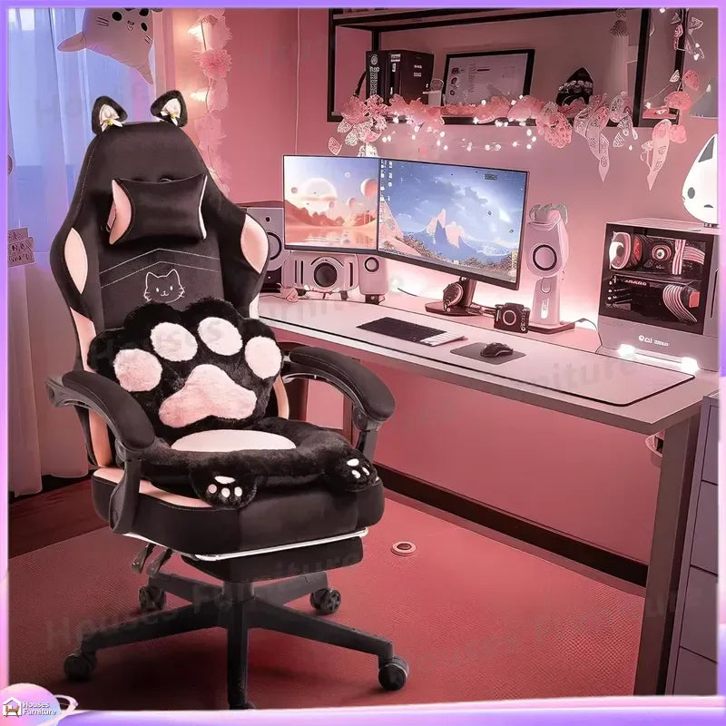 Gaming Chair for Adults Ergonomic Reclining Computer Chair with Lumbar Support and Headrest RGB LED Lights Cat Ears Design
