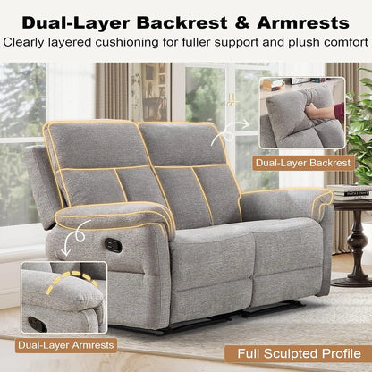 Manual Reclining Loveseat, 2-Seat Recliner Sofa with Padded Arms and Supportive Backrest, Comfortable Fabric Reclining, Custom