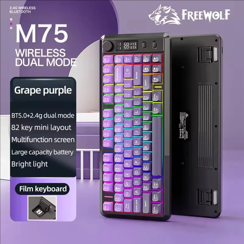 FREEWOLF M75 Wireless Keyboard, Bluetooth Dual-mode, PBT Gradient Ball Cap, With Display Screen, Gaming Keyboard