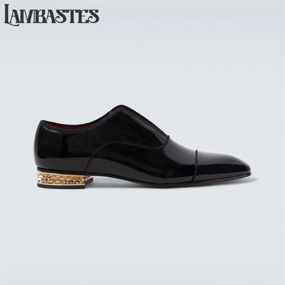 Gold Geometric Heel Patent Leather Mens Loafers Polished Glossy Upper Red Lining Formal Dress Shoes Embossed Gold Heel Loafers