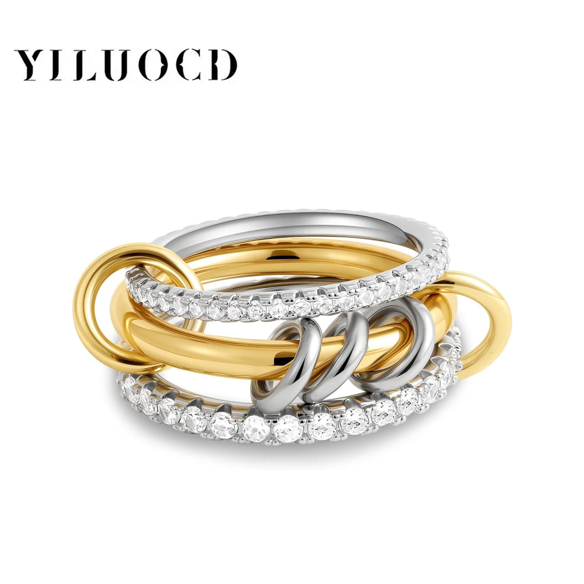 New Stainless Steel Cubic Zirconia Stackable Rings for Women 18k GoldPlating Multi-Link Connected Statement Ring Stack Jewelry