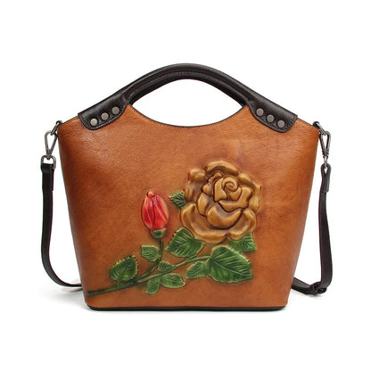 Large Capacity Genuine Leather Crossbody Bag for WomenCowhide Tote with 3D Embossing  Hand-Painted Mother Gift Shoulder Purse