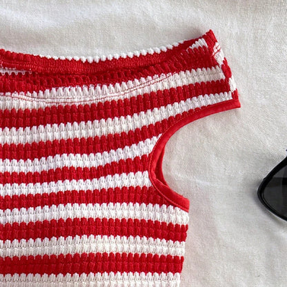 Women's Summer Short Two-piece Set New Vacation Style Striped Slim Fit Slim  Slimming Vest Hip Hugging Short Pants Set For Women