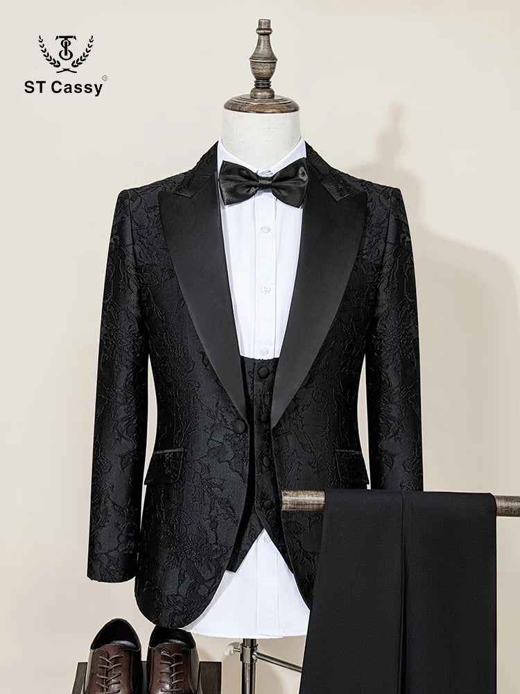 ST Cassy High Quality Luxury Men's Suit 3 Piece Set Dinner Black Party Tuxedo Banquet Attire Fashion Male Groom Wedding