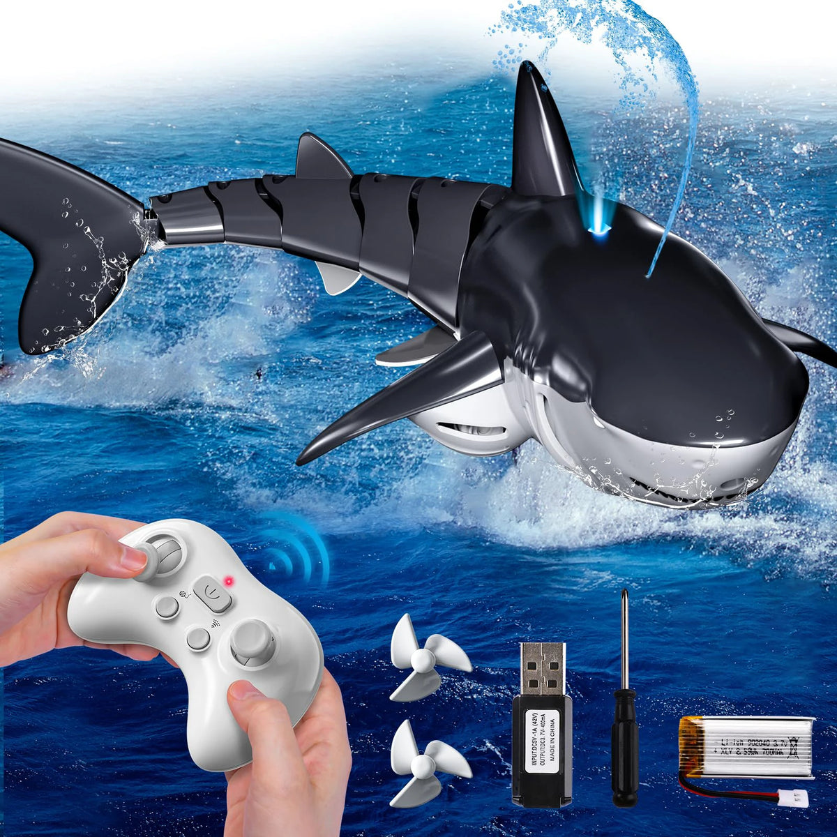 2.4GHz RC Shark Boat Toy for Kids Boys, Remote Control Shark with Water Spray LED Lights, Pool Lake Water Toy Gift Outdoor Play