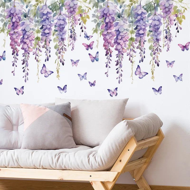 Purple Flower Plants Floral Wall Stickers Home Room Decoration Bedroom Adhesive Wallpaper Wall Furniture Door House Interior