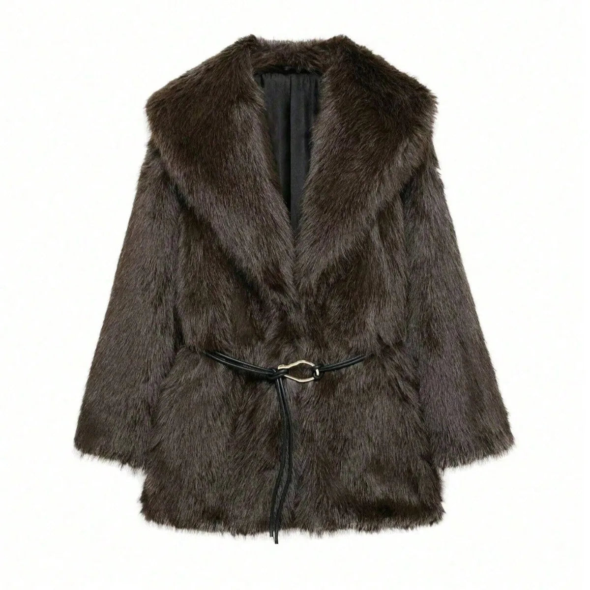IG Women Large Lapel Belted Waist Faux Fur Mid-Length Coat, Long Sleeve Winter Warm Elegant Fluffy Outerwear