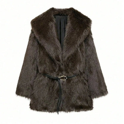 IG Women Large Lapel Belted Waist Faux Fur Mid-Length Coat, Long Sleeve Winter Warm Elegant Fluffy Outerwear