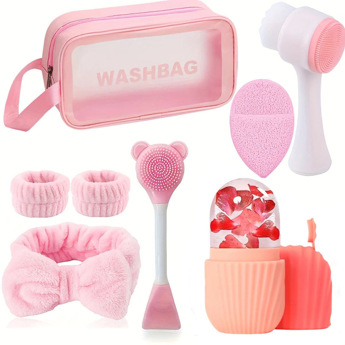 8-piece silicone skincare set with ice roller and cold compress mask - pink and white two-tone facial spa set, skincare tools