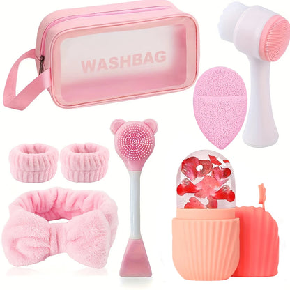 8-piece silicone skincare set with ice roller and cold compress mask - pink and white two-tone facial spa set, skincare tools