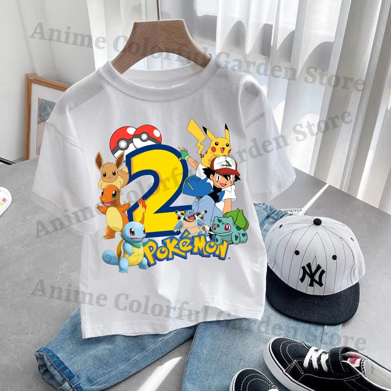 Anime Pokemons Kawaii T-shirts for Children Pikachu Cartoon Number Printed Short-sleeved Top Boys Girls Summer Fashion T-shirt