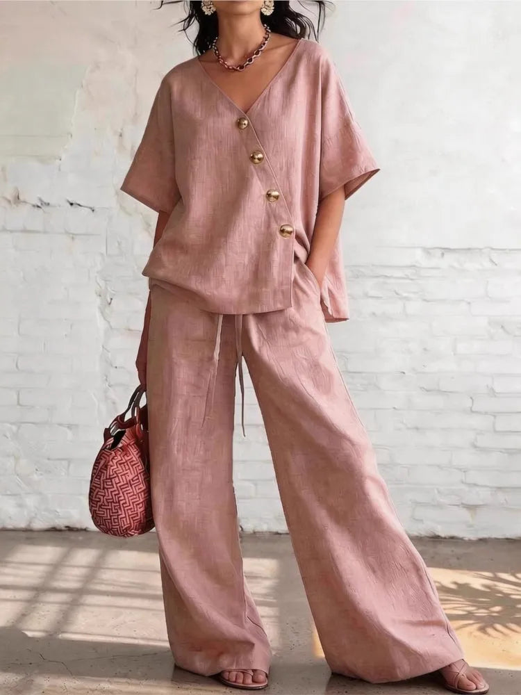 Casual Loose Pants Sets Women Summer 2026 Fashion Short Sleeve V-neck Tops And Wide Leg Pant 2 Piece Set Woman Outfits