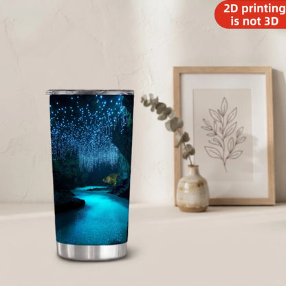 20oz Glowworm Cave Printed Stainless Steel Tumbler with Lid and Straw, Bioluminescent Underground River Blue Glow Landscape Vacuum Insulated Travel Coffee Mug Gifts for Nature Lovers