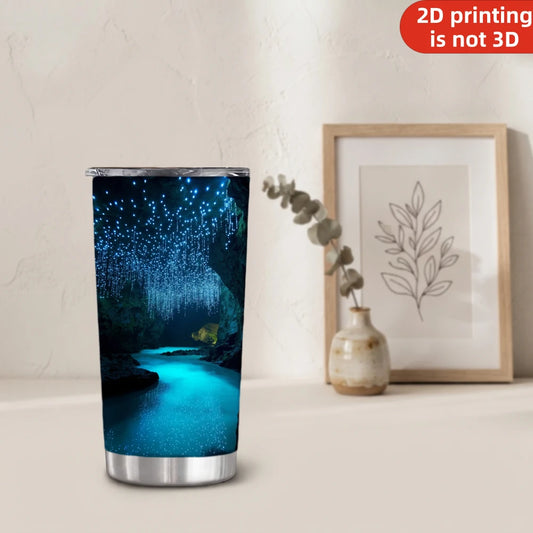 20oz Glowworm Cave Printed Stainless Steel Tumbler with Lid and Straw, Bioluminescent Underground River Blue Glow Landscape Vacuum Insulated Travel Coffee Mug Gifts for Nature Lovers