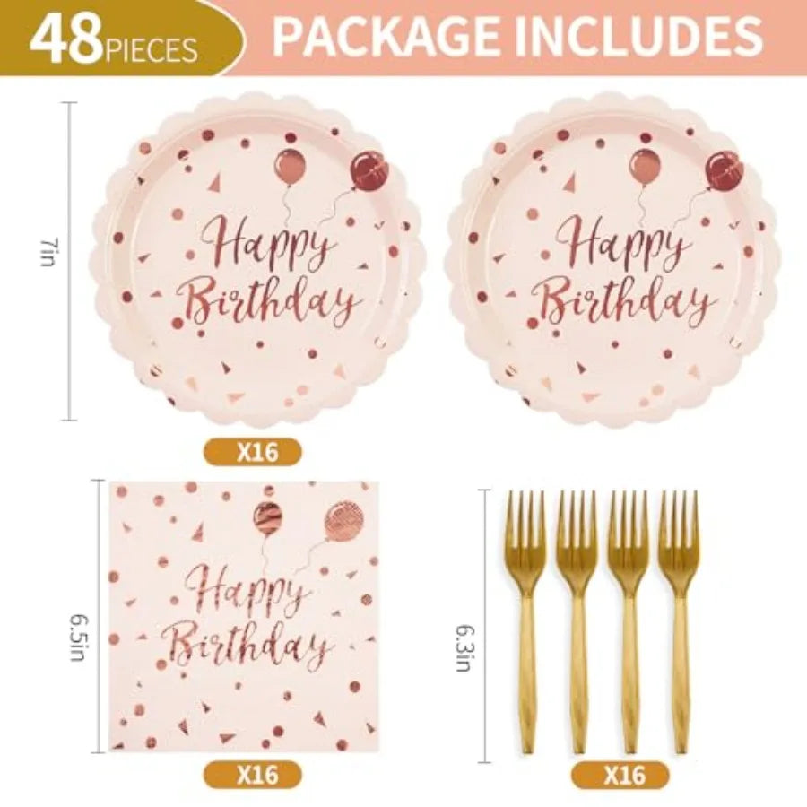 48PCS Happy Birthday Plates and Napkins Party Supplies-Disposable and Gold Scalloped Dessert Cake Plates Napkins Forks Tablewar