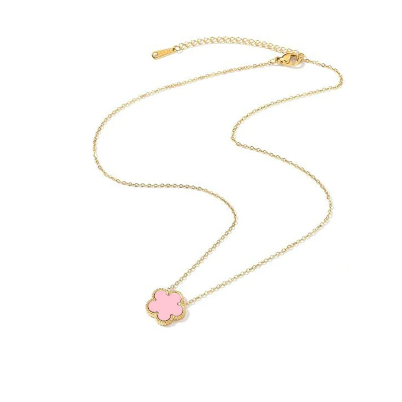 14K Gold Plated Stainless Steel Necklace Woman Five Leaf Petals Double