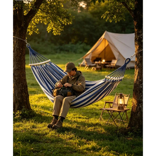 Outdoor Camping Double Canvas Hammock Wooden Curved Stick Anti Tip Swing Hammock Portable Garden Leisure Hammock