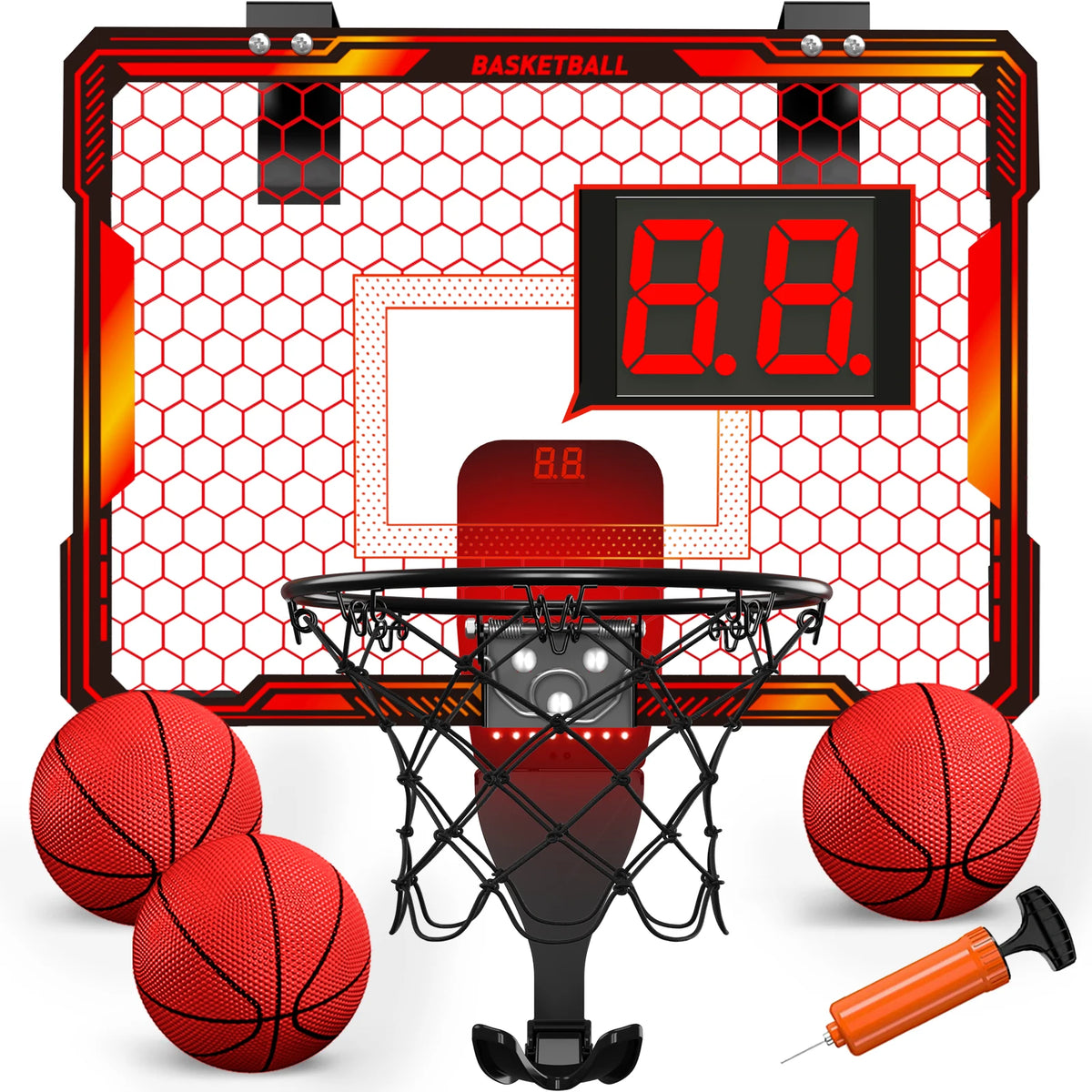 Mini Indoor Basketball Hoop with 7 LED Lights Scoreboard 3 Play Modes Adjustable Volume over Door Foldable for Kids Adults