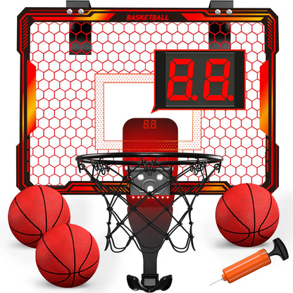 Mini Indoor Basketball Hoop with 7 LED Lights Scoreboard 3 Play Modes Adjustable Volume over Door Foldable for Kids Adults