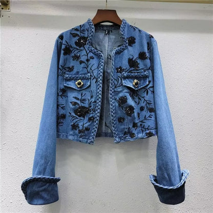 New Classical Metal Ribs Buckle Design Washed Breathable Vintage Short Denim Jacket for Ladies Autumn Winter Summer Nylon/Cotton