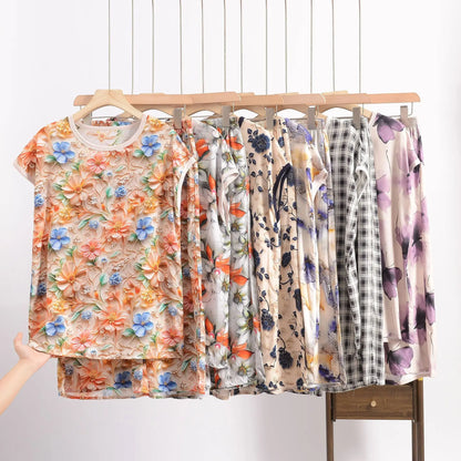 XL to 6XL Plus size Summer Pajamas set short sleeve Tshirt and Capri Pants Floral Print Loose homewear suits comfort sleepwear