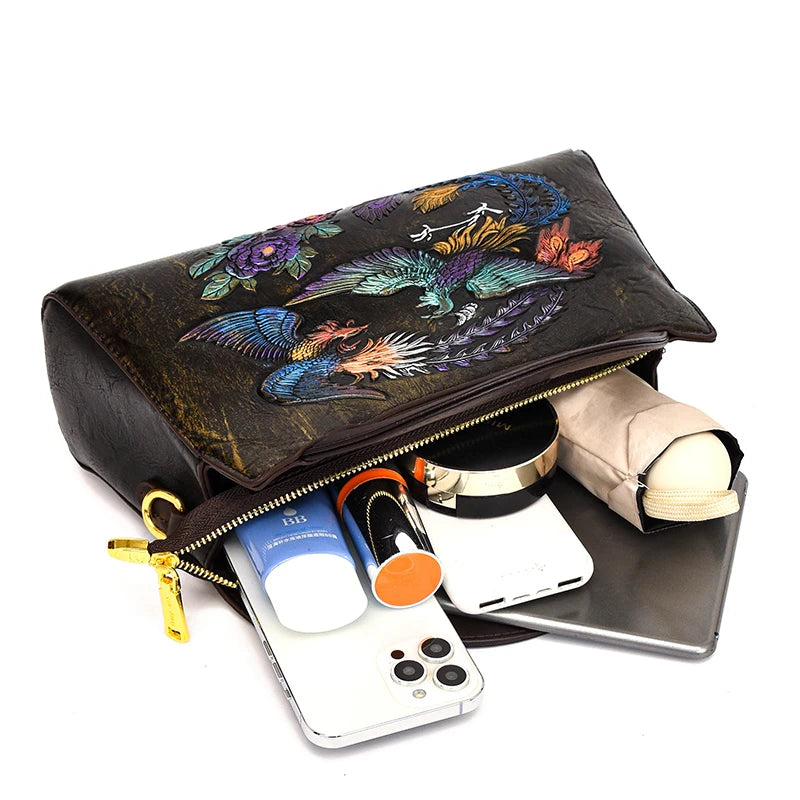 Fashion Phoenix Pattern Handbag Woman Luxury Ladies Shoulder Bags Designer Large Capacity Tote Quality Leather Crossbody Bag