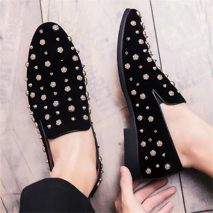 Trendy New Wedding Dress Rock Punk Rivet Suede Leather Shoes For Men Driving Loafers Prom Homecoming Party Footwear Zapatos