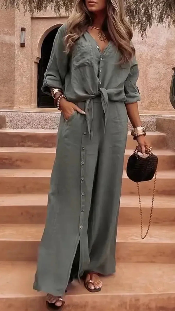 2026 New Fashion Casual Irregular Two-piece Sets Loose Short-sleeved Mid-sleeve Shirt Blouse Button-down Wide-leg Pants Suits