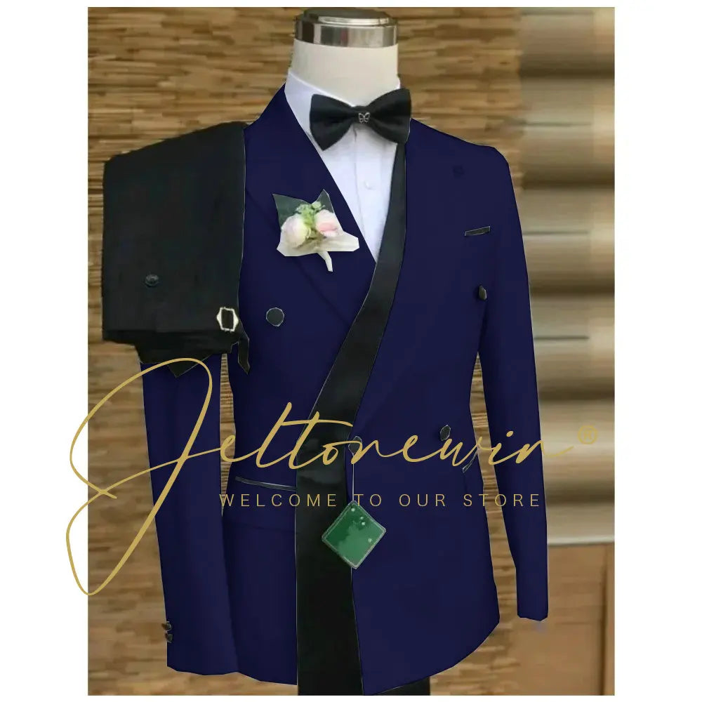 Double Breasted White Black Wedding Suits for Men Fashion Slim Fit Groom Best Man Wedding Tuxedo Formal Prom Wear 2 Pieces Set