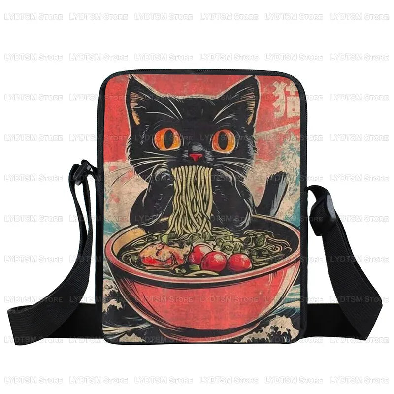 Japanese Black Cat Eating Ramen Print Crossbody Bag Women Shoulder Bag for Travel Phone Wallet Holder Teenager Messenger Bags