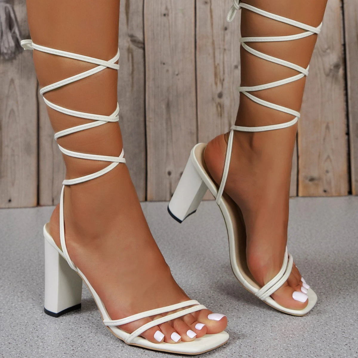 Women's Roman Sandals Summer White Elegant Cross Strap Solid Color Square Toe High Heels Woman Open Toe Fashion Sexy Banquet
