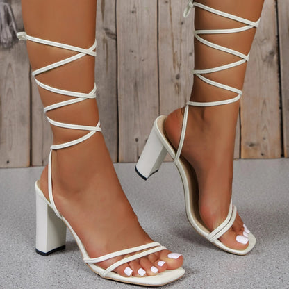 Women's Roman Sandals Summer White Elegant Cross Strap Solid Color Square Toe High Heels Woman Open Toe Fashion Sexy Banquet