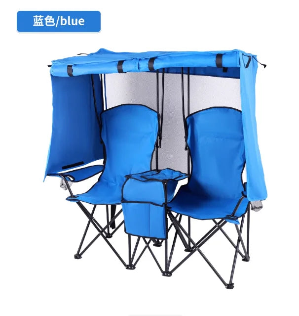 Double-seater moon chair with umbrella and small partition, outdoor folding chair, suitable for fishing and camping