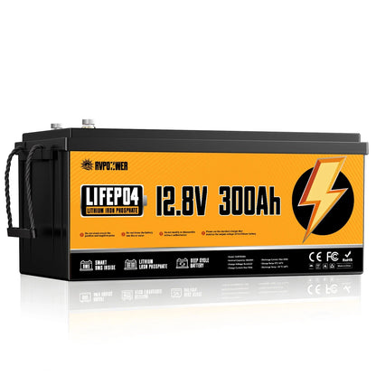 RVPOZWER 12.8V 300Ah LiFePO4 Lithium Battery 3840Wh Smart Built-in BMS Rechargeable Storage Battery 15000+ Deep Cycles Portable Iron Phosphate Battery for Off-Grid Solar System RV Camper Trailer Marine Boat Trolling Motor Hou
