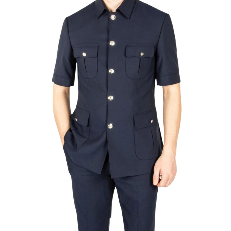 Safari Men Suits with Short Sleeves for Prom Party 2 Pieces Chinese Fashion Style Outdoors Costumes Suit Set Custom Made